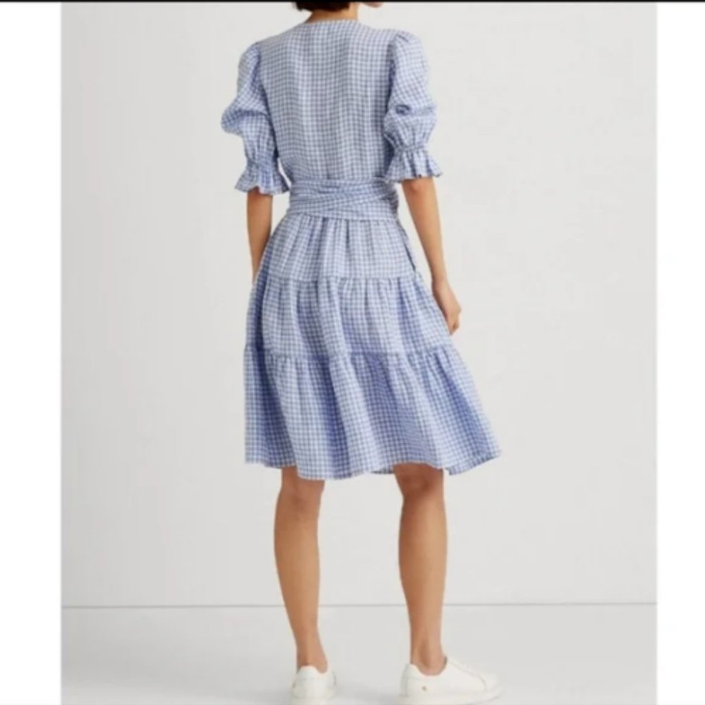NWT Lauren Ralph Lauren Gingham Fit-and-Flare Linen Dress, Light blue - Picture 3 of 4